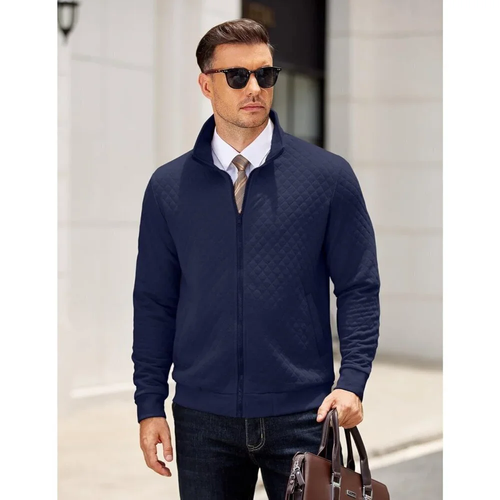 COOFANDY Men Navy Blue Zip Up Mock Neck Quilted Lightweight Sweater Jacket